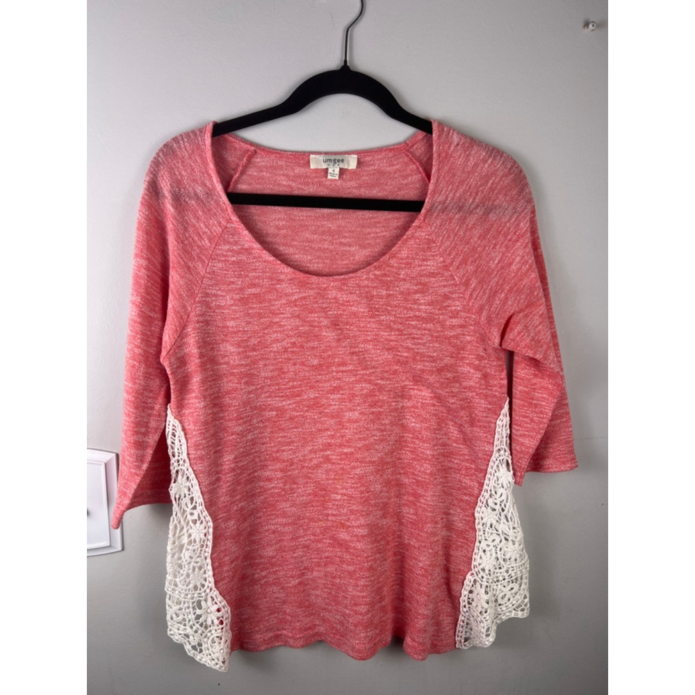 Umgee Top Small Pink Coral Crochet Lace Side Boho Knit Blouse 3/4 Sleeve Cottage